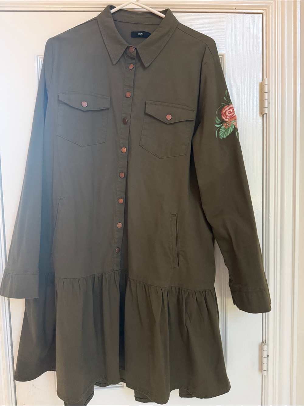 Ruti Olive Green Shirt Dress with Rose Embroidery M/L